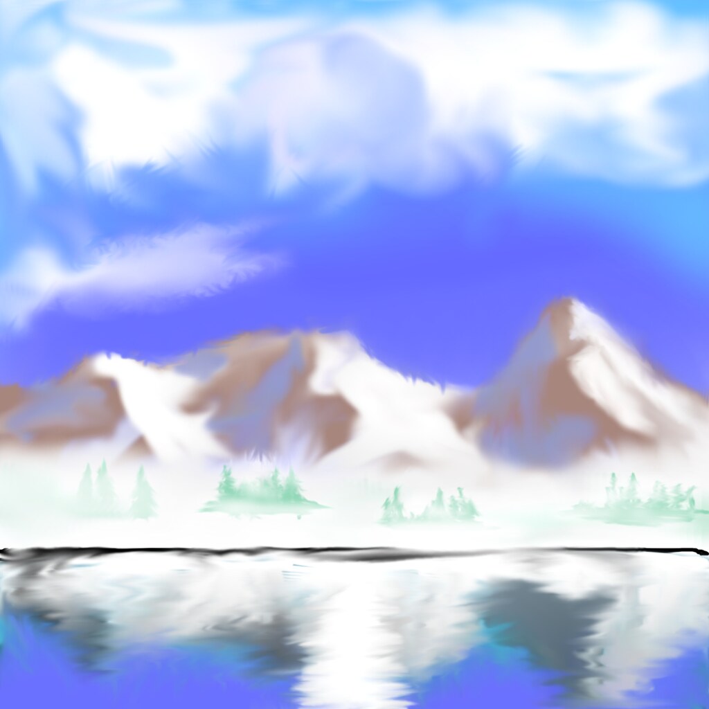 My first "Boss Ross" style painting in GIMP. A mountain range with an open sky and a lake.